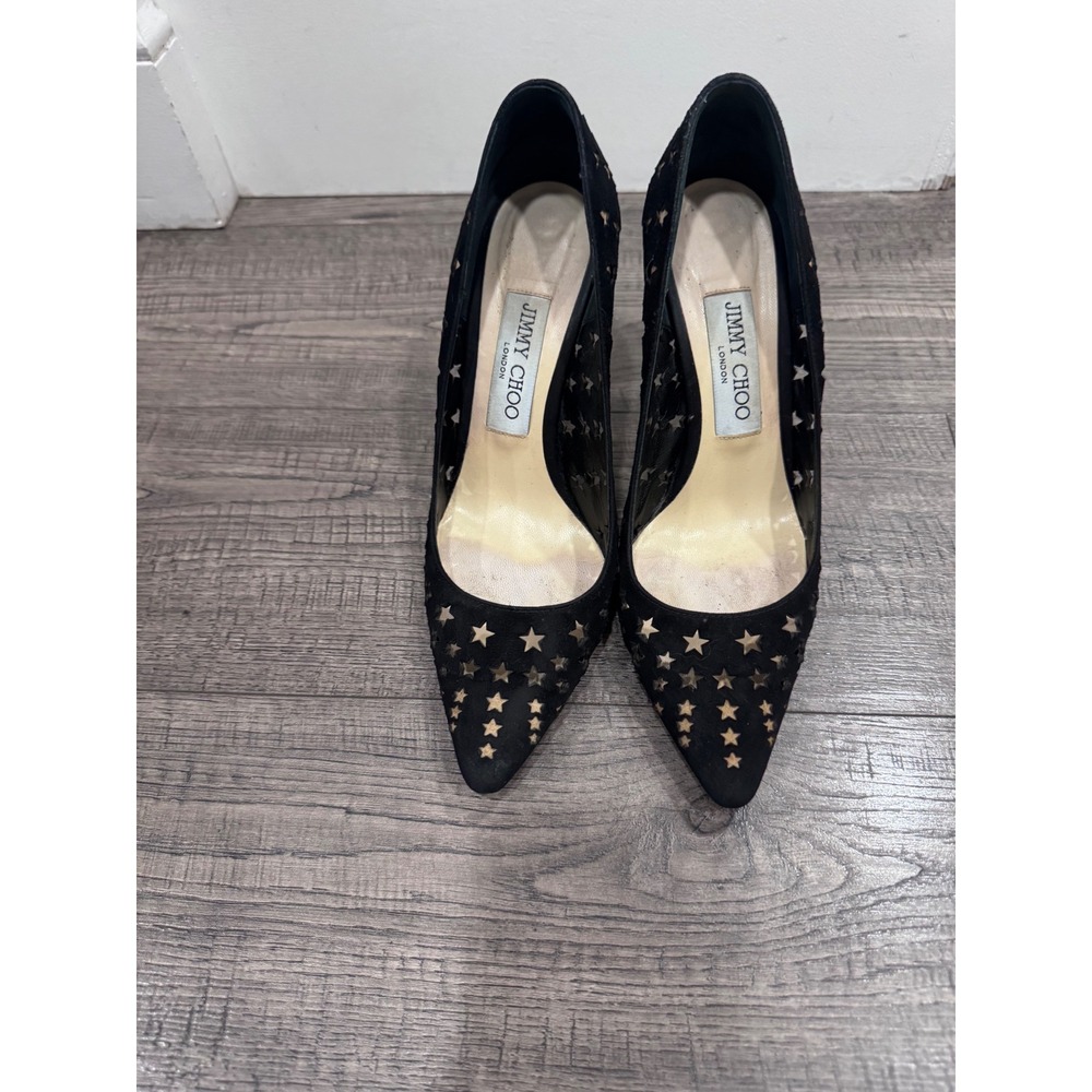 Jimmy Choo Black Suede Star Laser Cut Pointed Toe Pumps Stiletto Heels 37.5